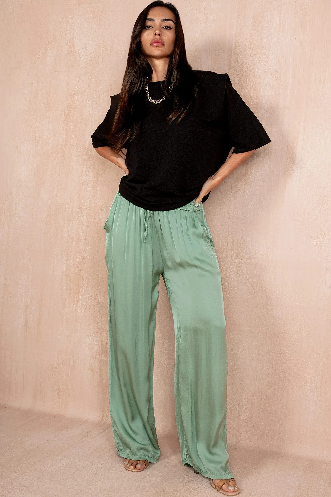 Harlee Sage Satin Trousers sold by Va Va Voom