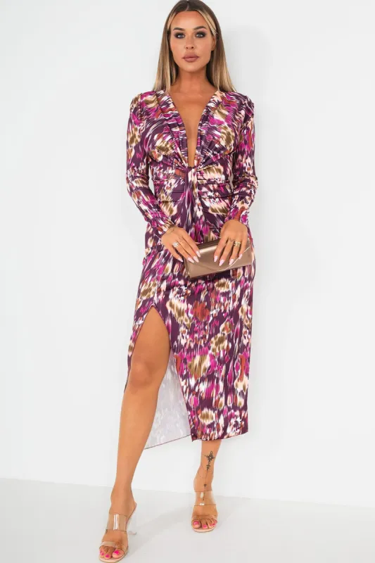 Greyson Purple Printed Knot Front Midi Dress sold by Va Va Voom