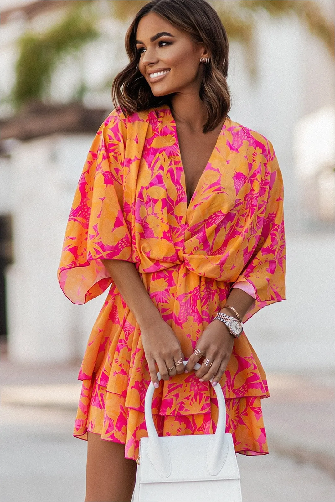 Georgia Orange and Pink Floral Twist Front Dress sold by Va Va Voom