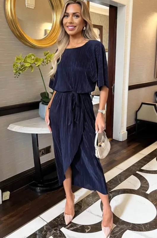 AX Paris Heather Navy Plisse Dress sold by Va Va Voom