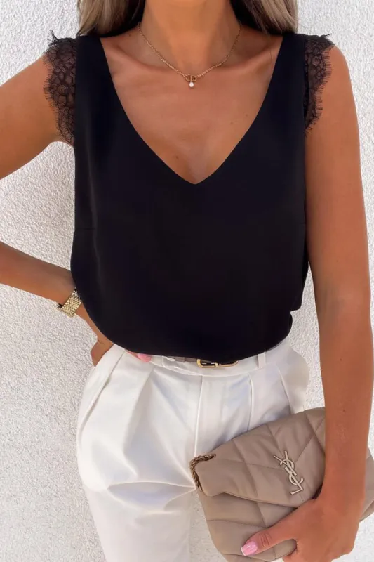 Kimber Black V Neck Sleeveless Top sold by Va Va Voom