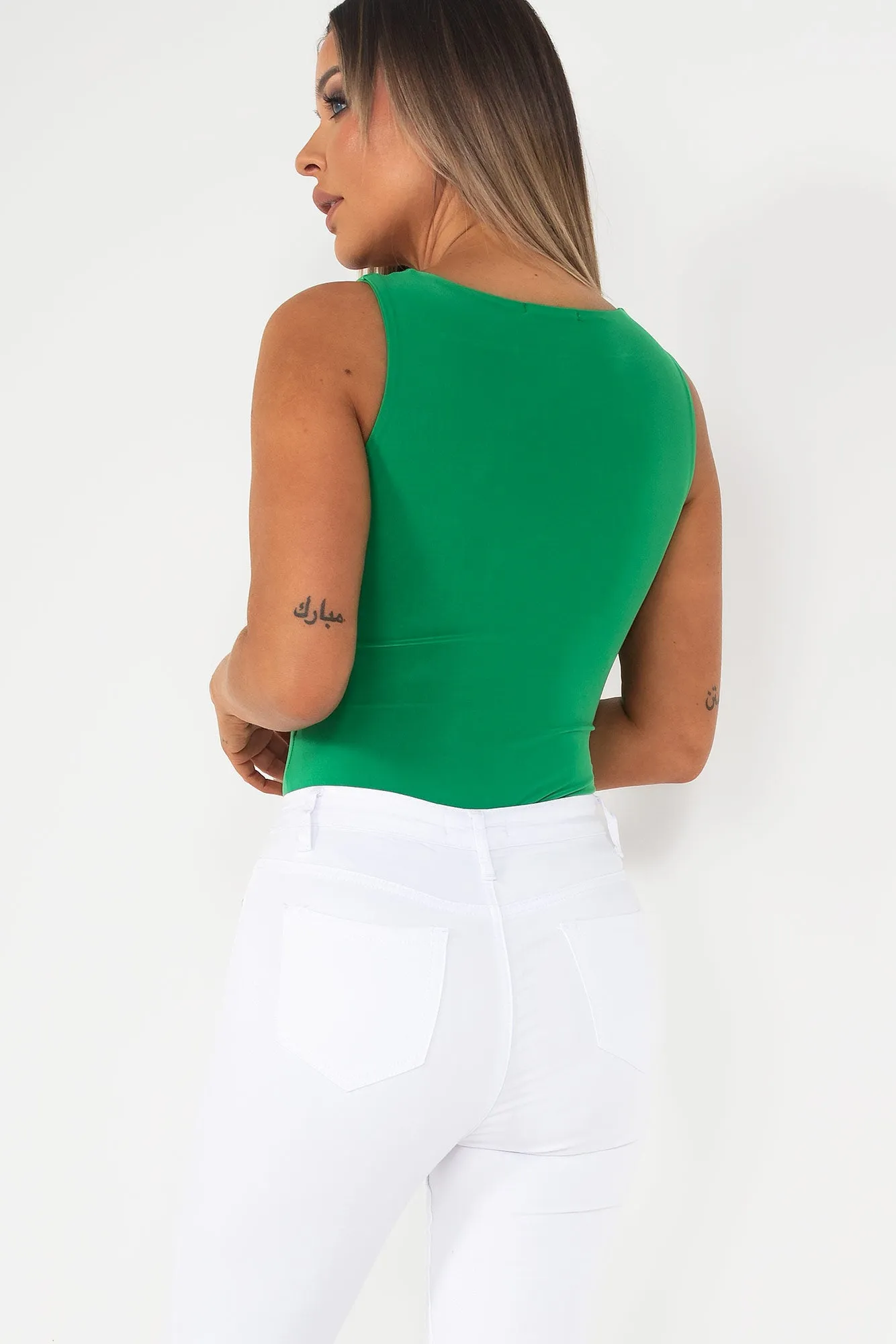 Quinn Green Sleeveless Slinky Bodysuit sold by Va Va Voom product image thumbnail 2