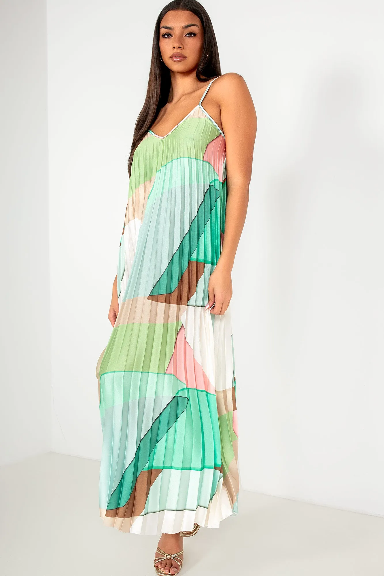 Hilda Green Satin Pleated Print Dress sold by Va Va Voom