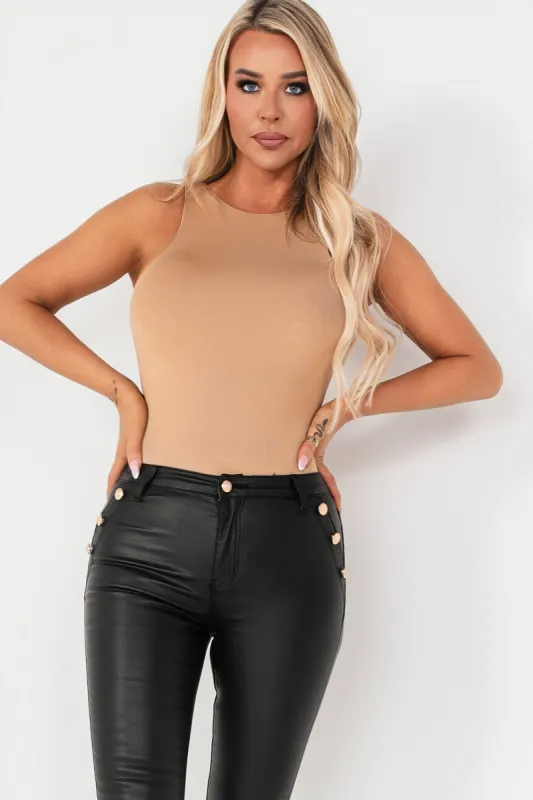 Prim Camel Slinky Sleeveless Bodysuit sold by Va Va Voom
