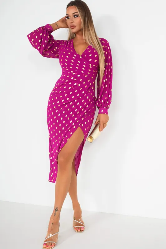 Girl In Mind Elsa Purple Foil Print Wrap Dress sold by Va Va Voom