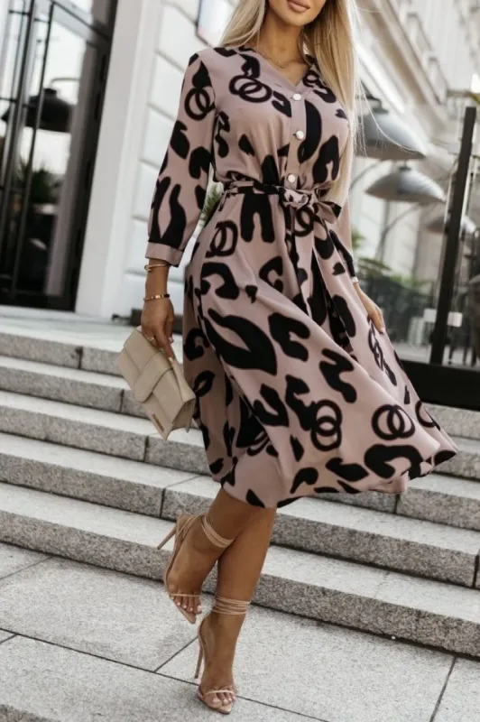 Gaffney Taupe Printed Midi Dress sold by Va Va Voom