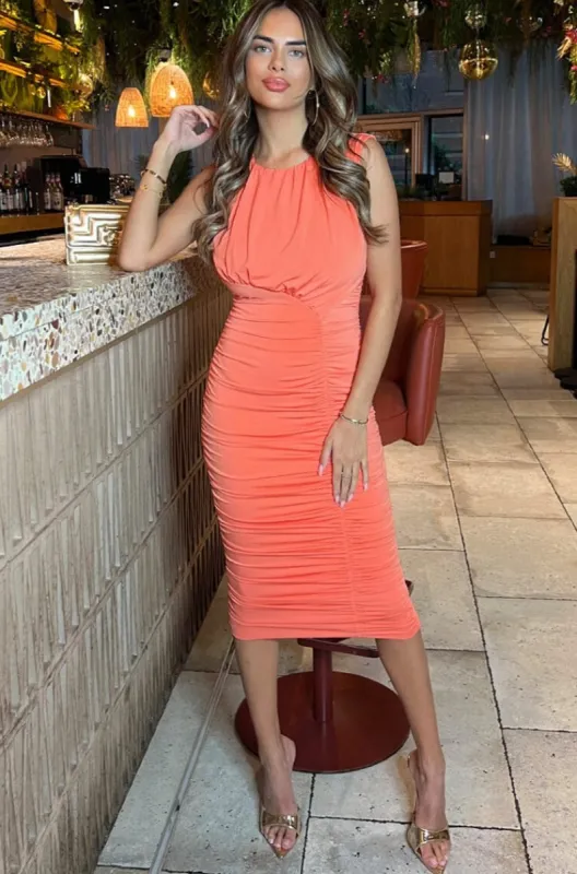 AX Paris Jill Peach Ruched Dress sold by Va Va Voom