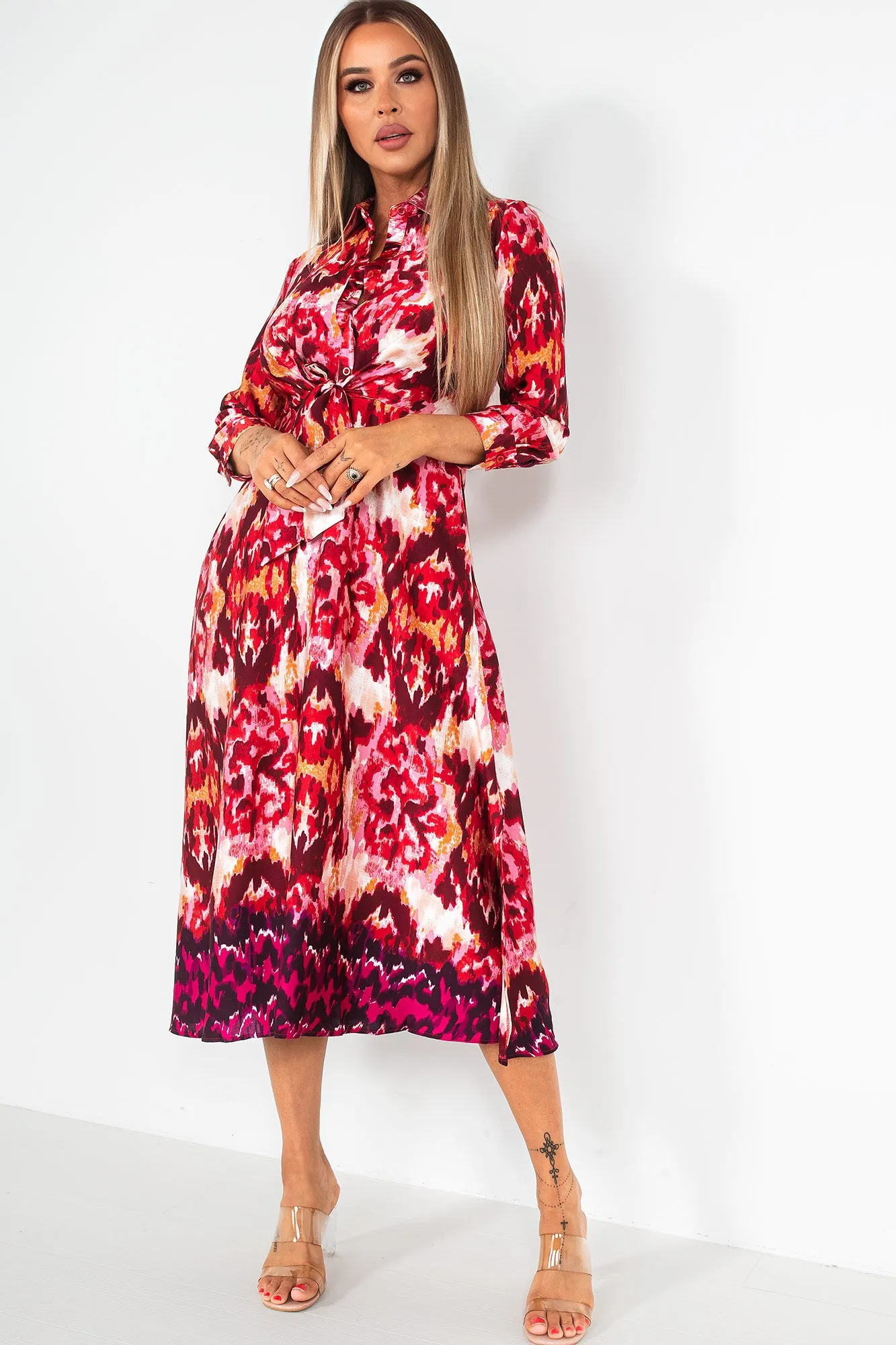 Girl In Mind Isabella Red Satin Print Dress sold by Va Va Voom