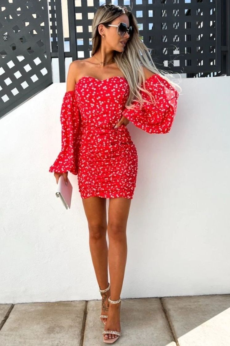 Trisha Red Ditsy Print Bardot Dress sold by Va Va Voom product image thumbnail 2