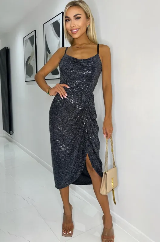AX Paris Nessa Black Sequin Ruched Dress sold by Va Va Voom