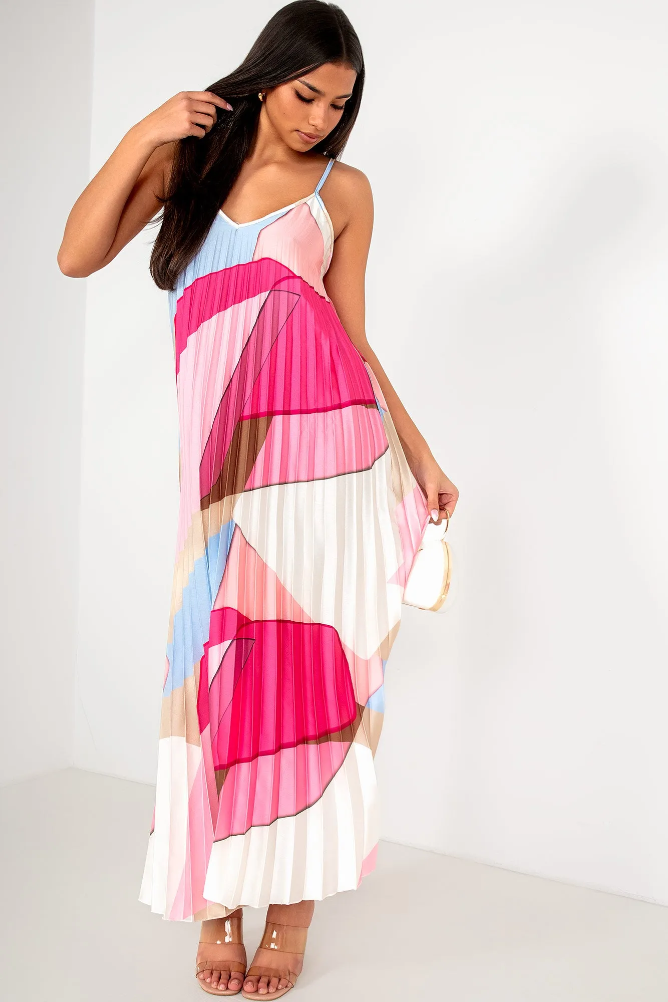 Hilda Pink Satin Pleated Print Dress sold by Va Va Voom