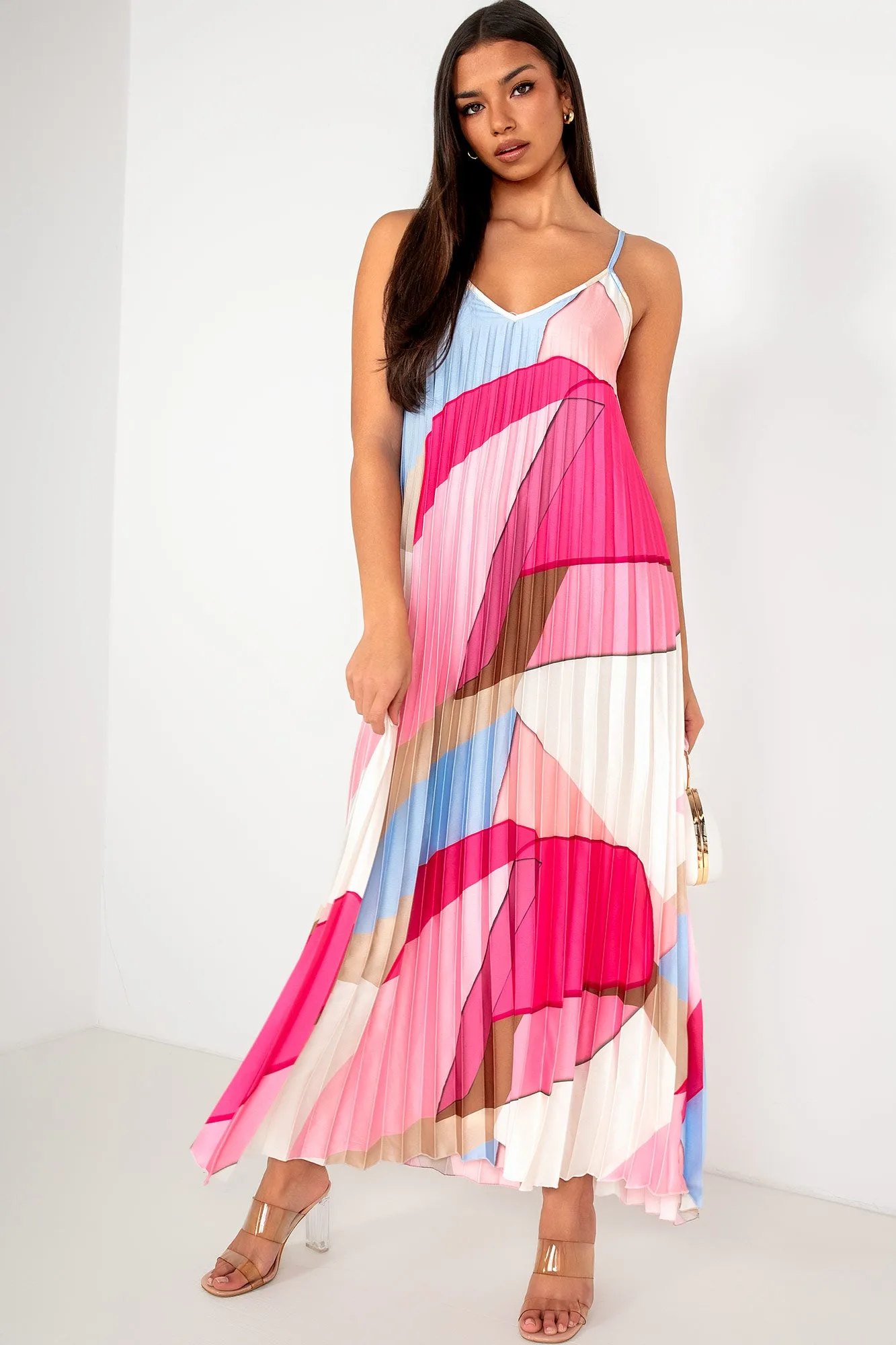 Hilda Pink Satin Pleated Print Dress sold by Va Va Voom product image thumbnail 4