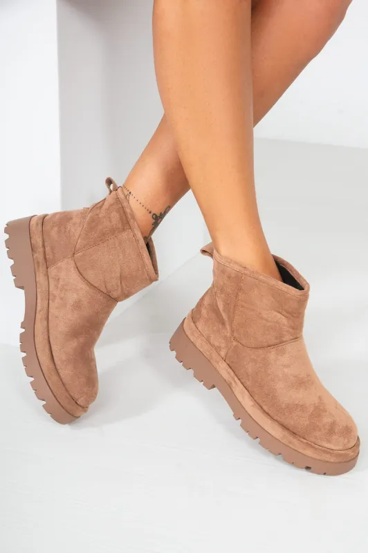 Rainey Camel Suedette Ankle Boots sold by Va Va Voom