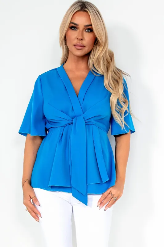 Frida Blue Tie Front Wrap Top sold by Va Va Voom
