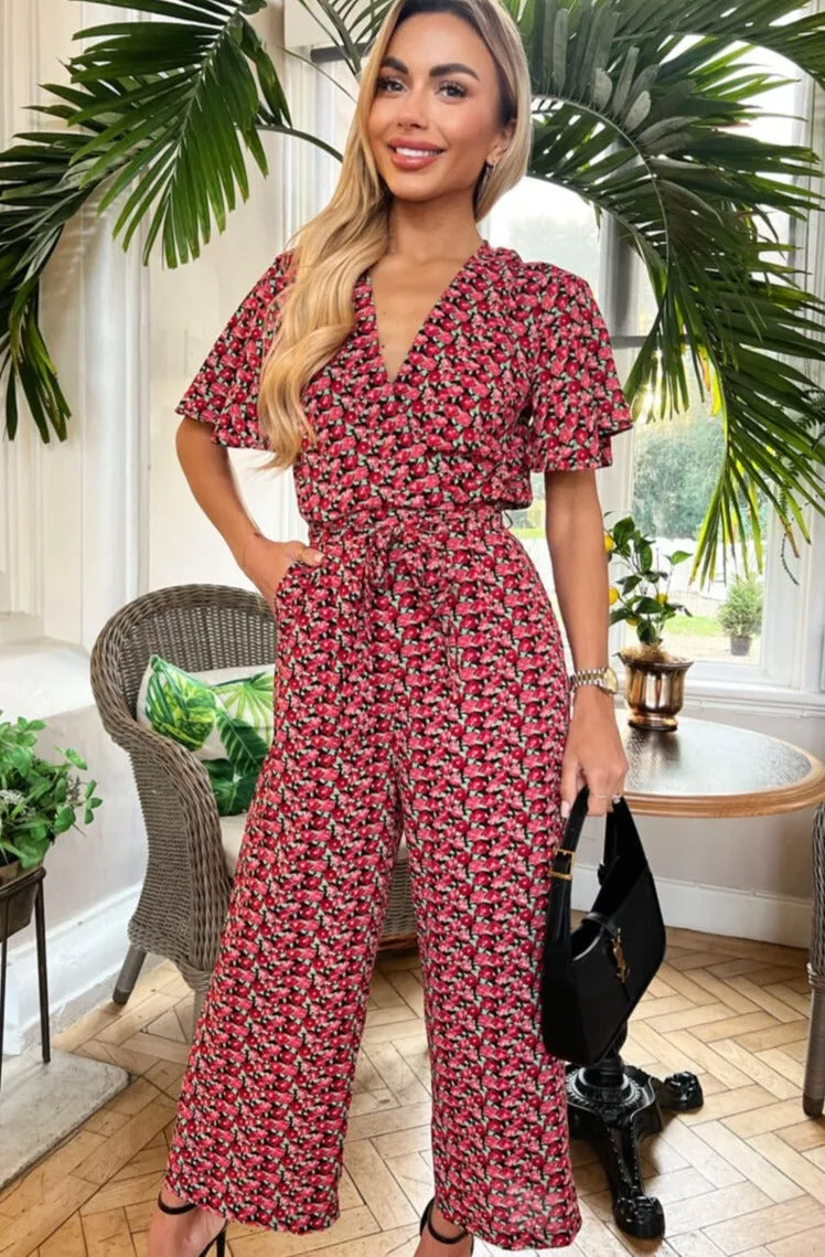 AX Paris Alina Red Floral Jumpsuit sold by Va Va Voom