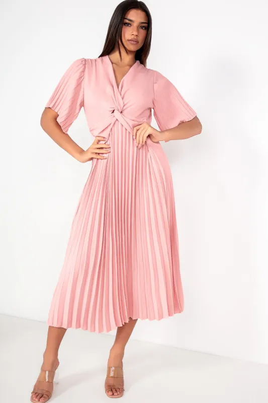 Vayda Peach Pleated Midi Dress sold by Va Va Voom