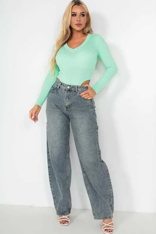 Gabby Mint Knit Long Sleeve Bodysuit sold by Va Va Voom