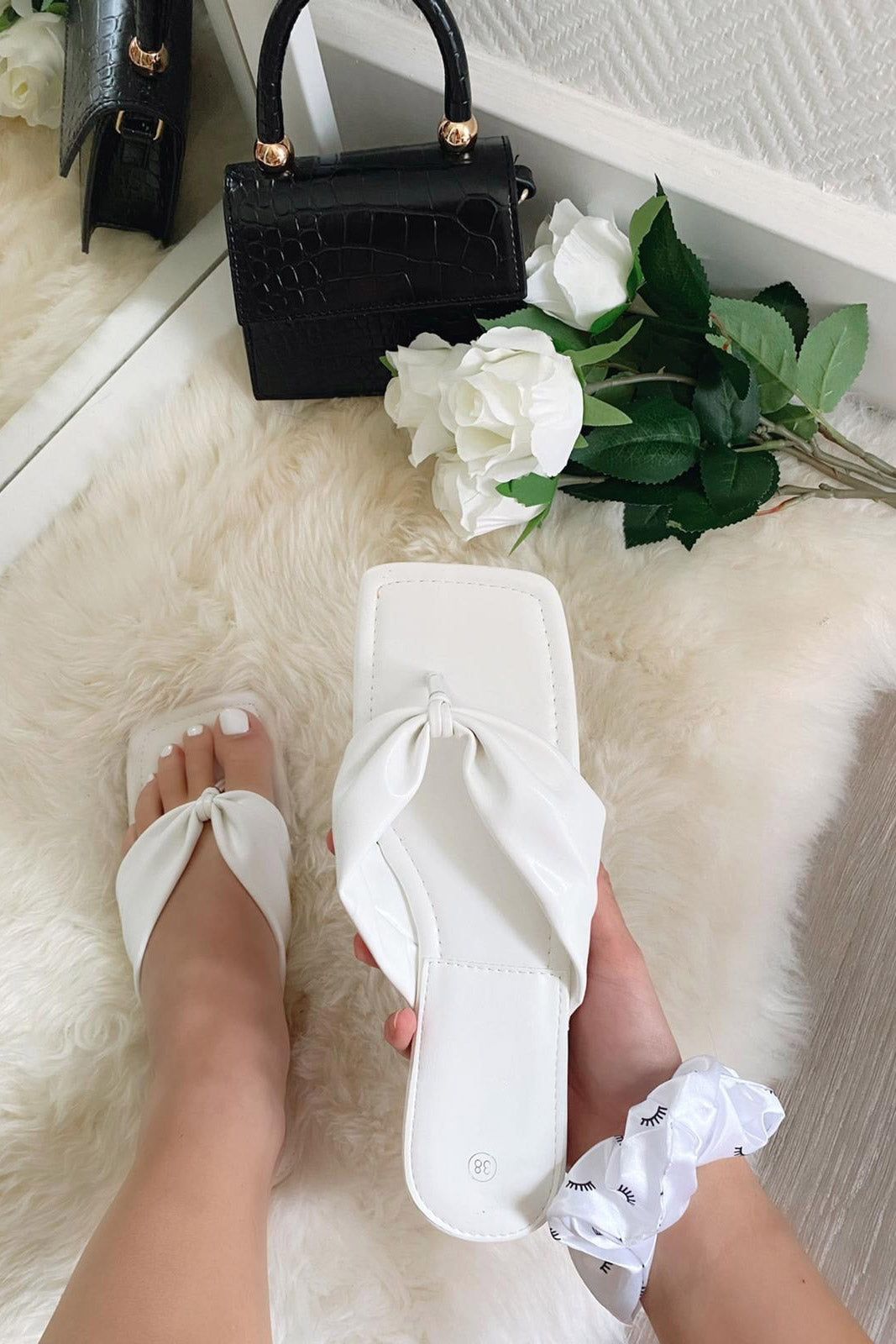 Giorgia White Square Toe Flat Sandals sold by Va Va Voom