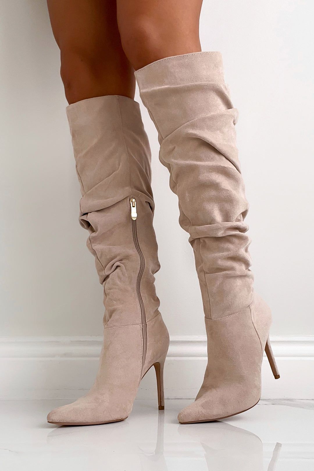 Lola Stone Suedette Slouch Knee Boots sold by Va Va Voom