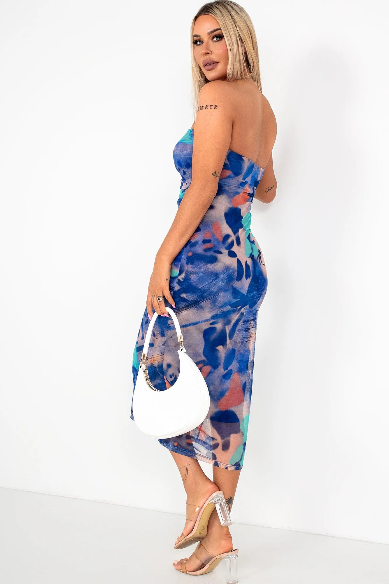 Raizey Blue and Orange Mesh Print Bandeau Dress sold by Va Va Voom product image thumbnail 2