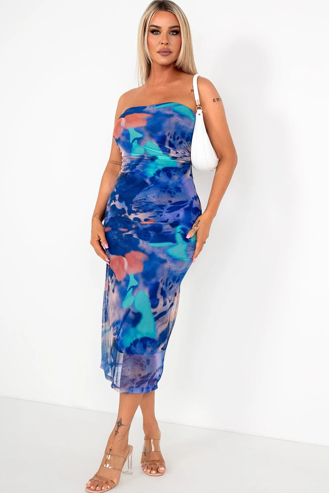 Raizey Blue and Orange Mesh Print Bandeau Dress sold by Va Va Voom product image thumbnail 3