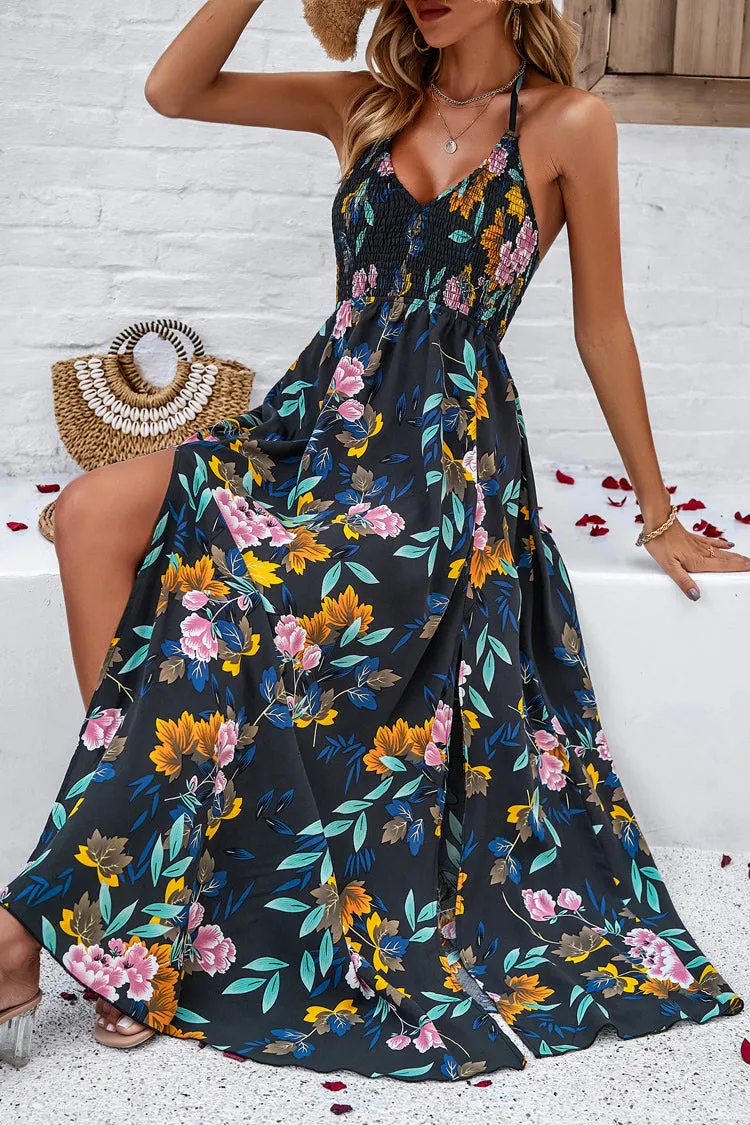 Oleen Black Floral Halter Neck Dress sold by Va Va Voom