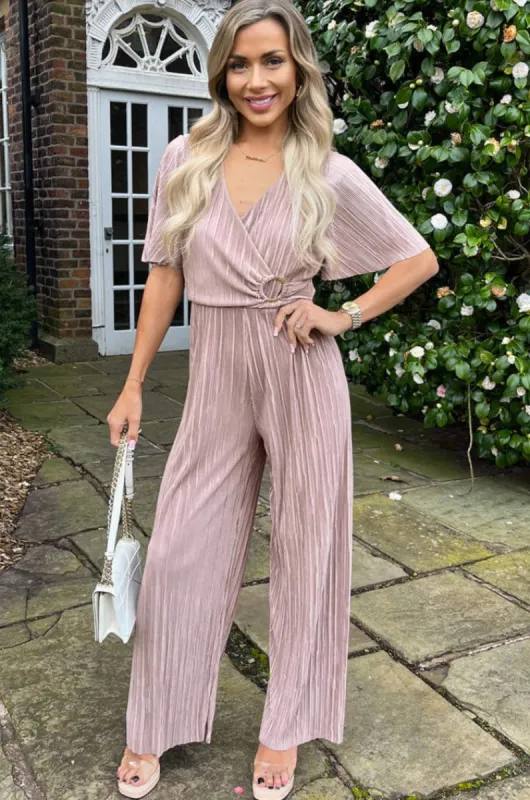 AX Paris Gretha Taupe Plisse Jumpsuit sold by Va Va Voom