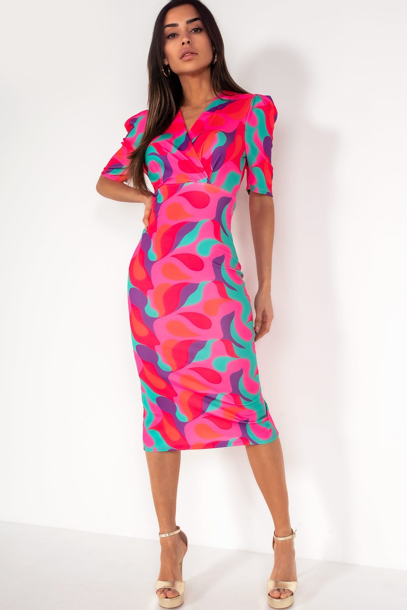 Emberlyn Green and Pink Abstract Print Dress sold by Va Va Voom product image thumbnail 4