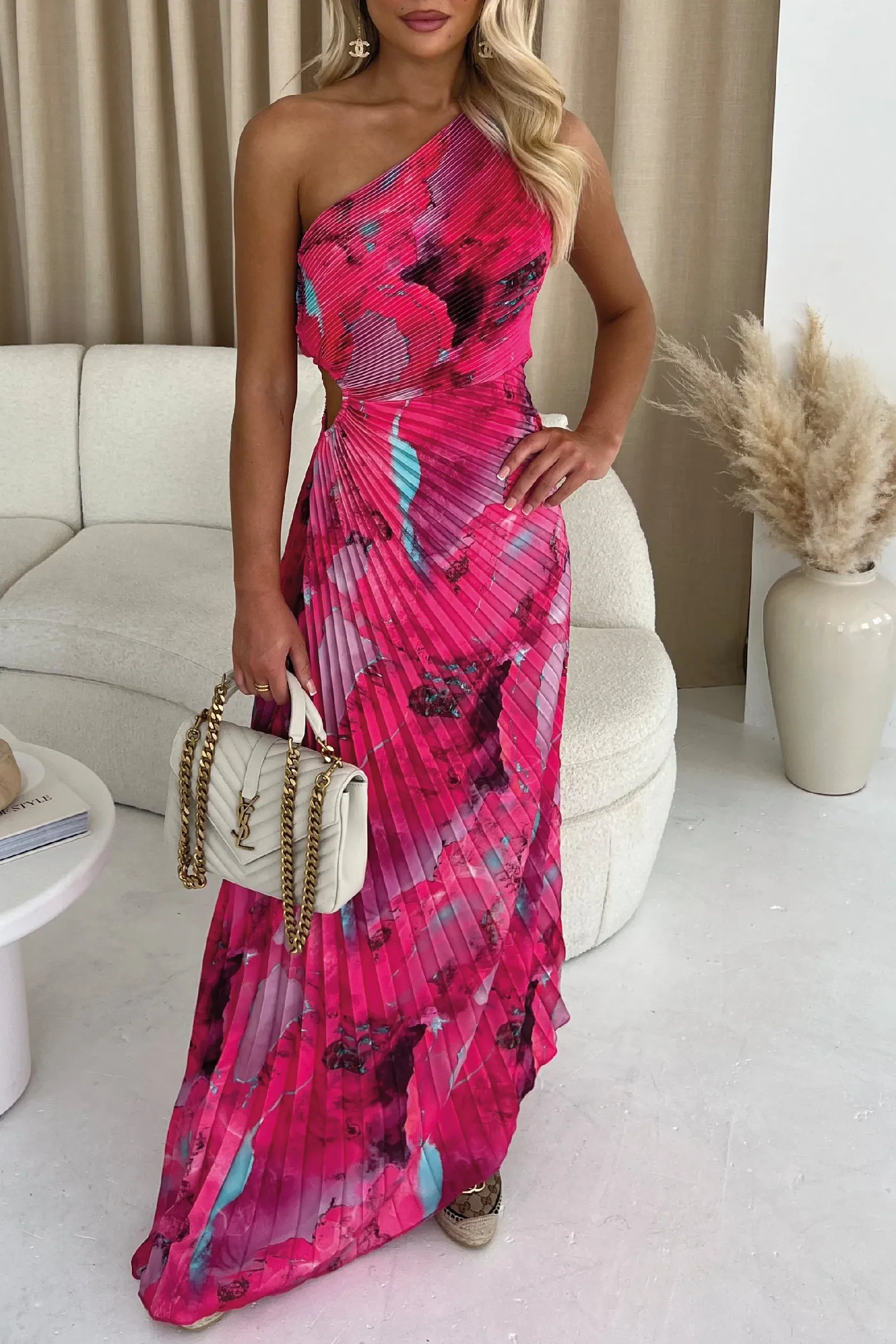 Tamika Fuchsia Plisse Marble Print Dress sold by Va Va Voom