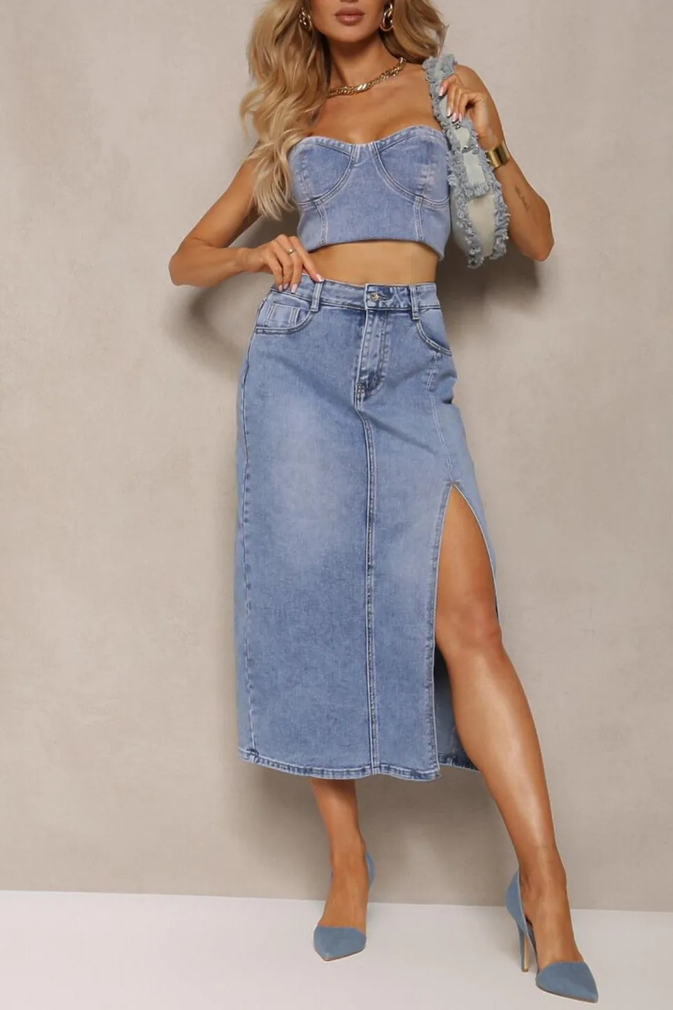 Brandye Blue Denim Midi Skirt sold by Va Va Voom