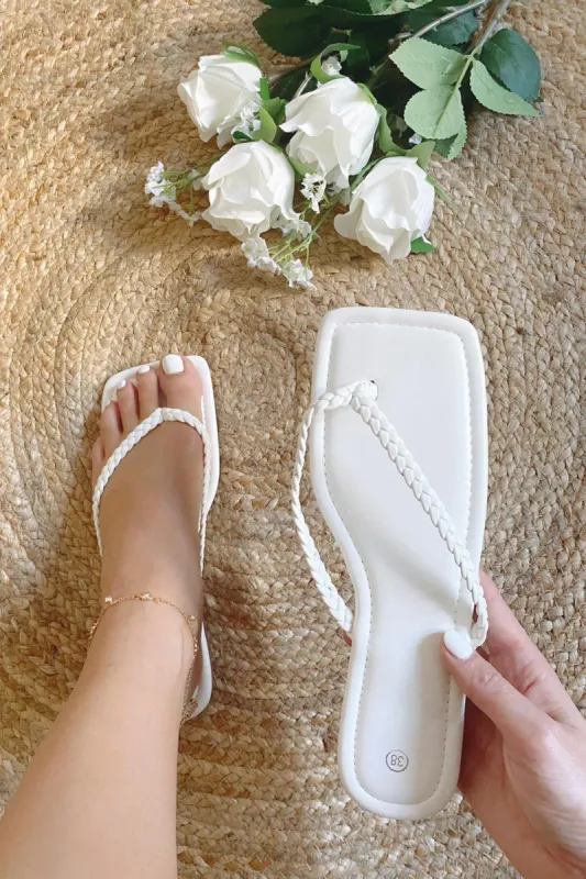 Brianna White Plaited Flat Sandals sold by Va Va Voom