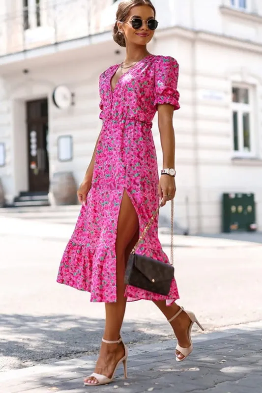 Giana Pink Ditsy Rose Print Midi Dress sold by Va Va Voom