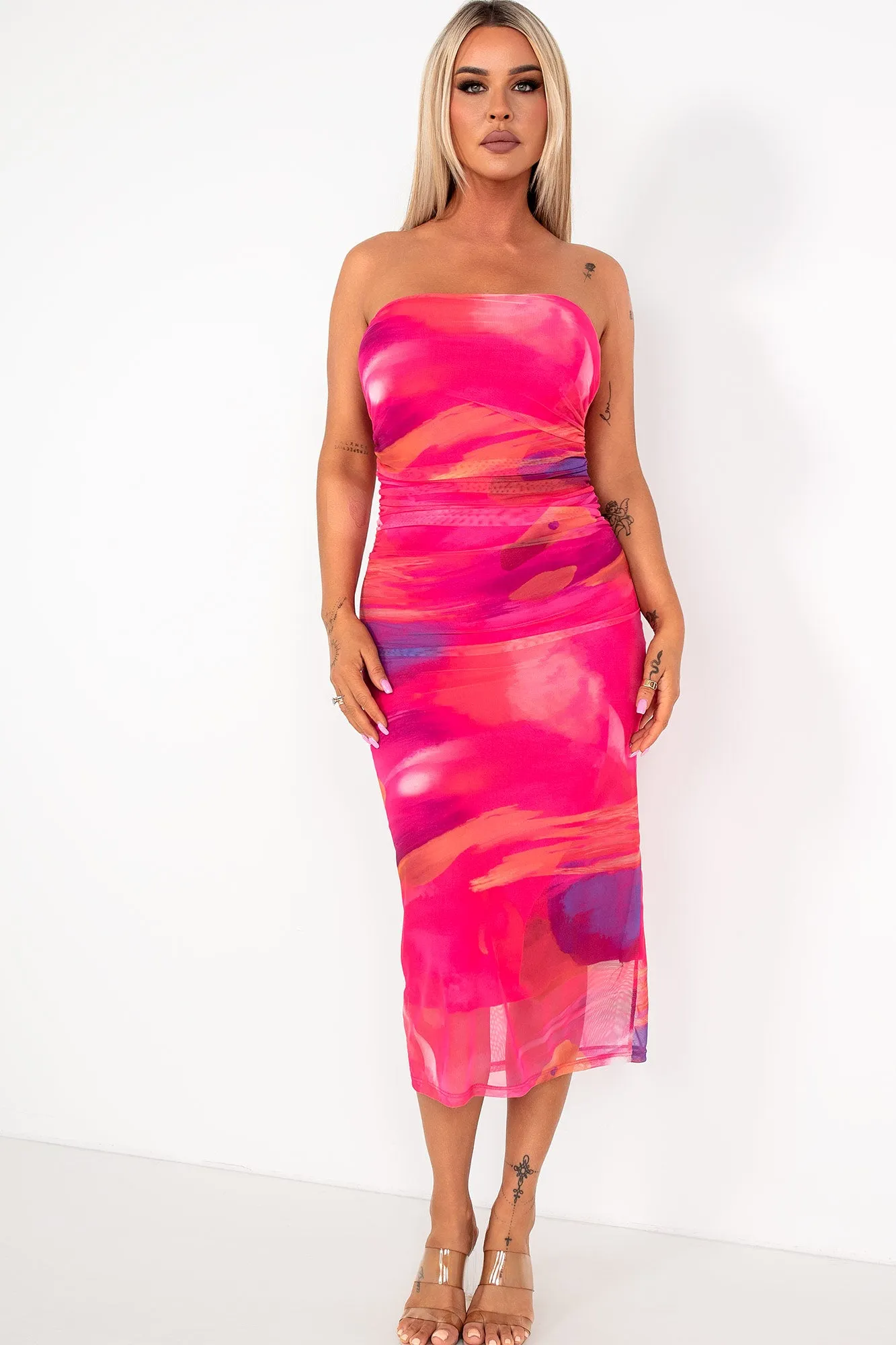 Jacey Pink and Purple Mesh Print Bandeau Dress sold by Va Va Voom product image thumbnail 4