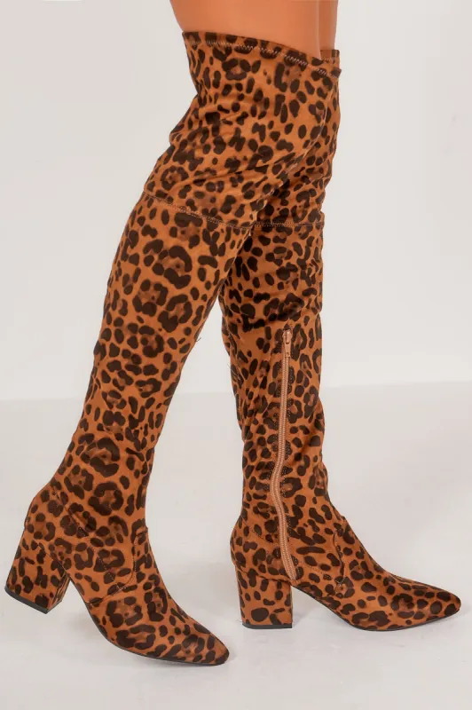 Oriah Leopard Suedette Over The Knee Boots sold by Va Va Voom