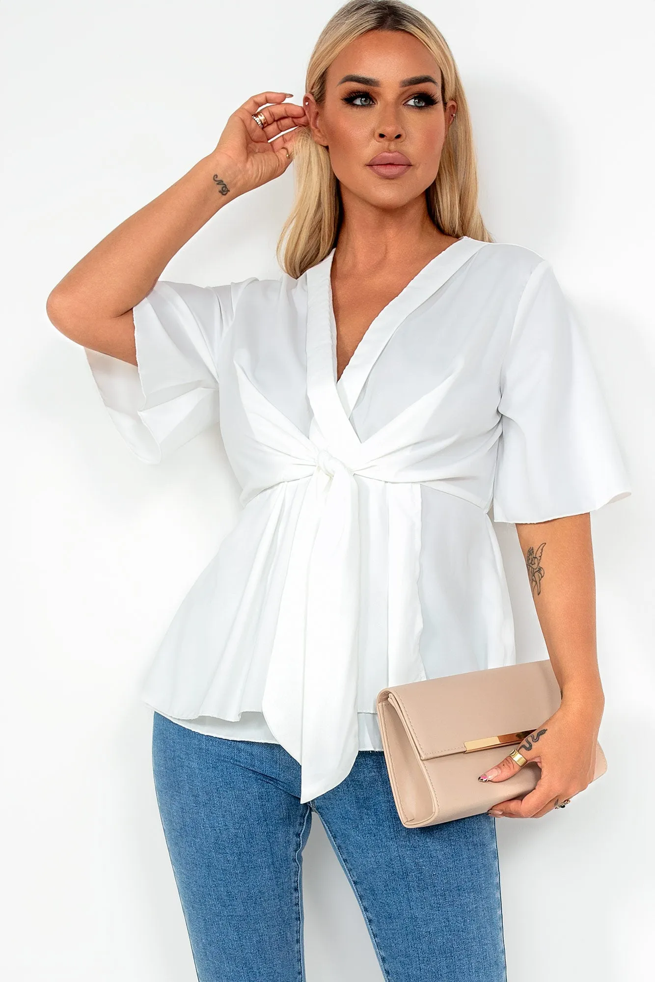 Frida White Tie Front Wrap Top sold by Va Va Voom