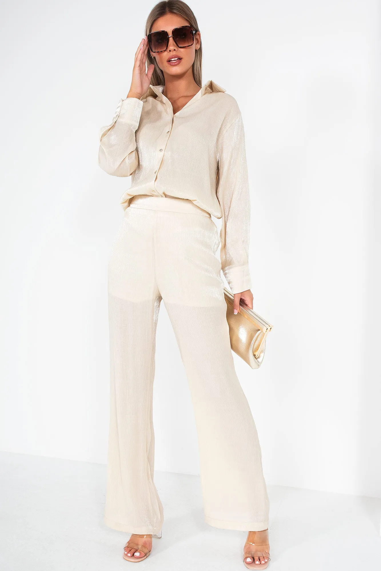 Nicole Cream Shimmer Wide Leg Trousers sold by Va Va Voom product image thumbnail 2