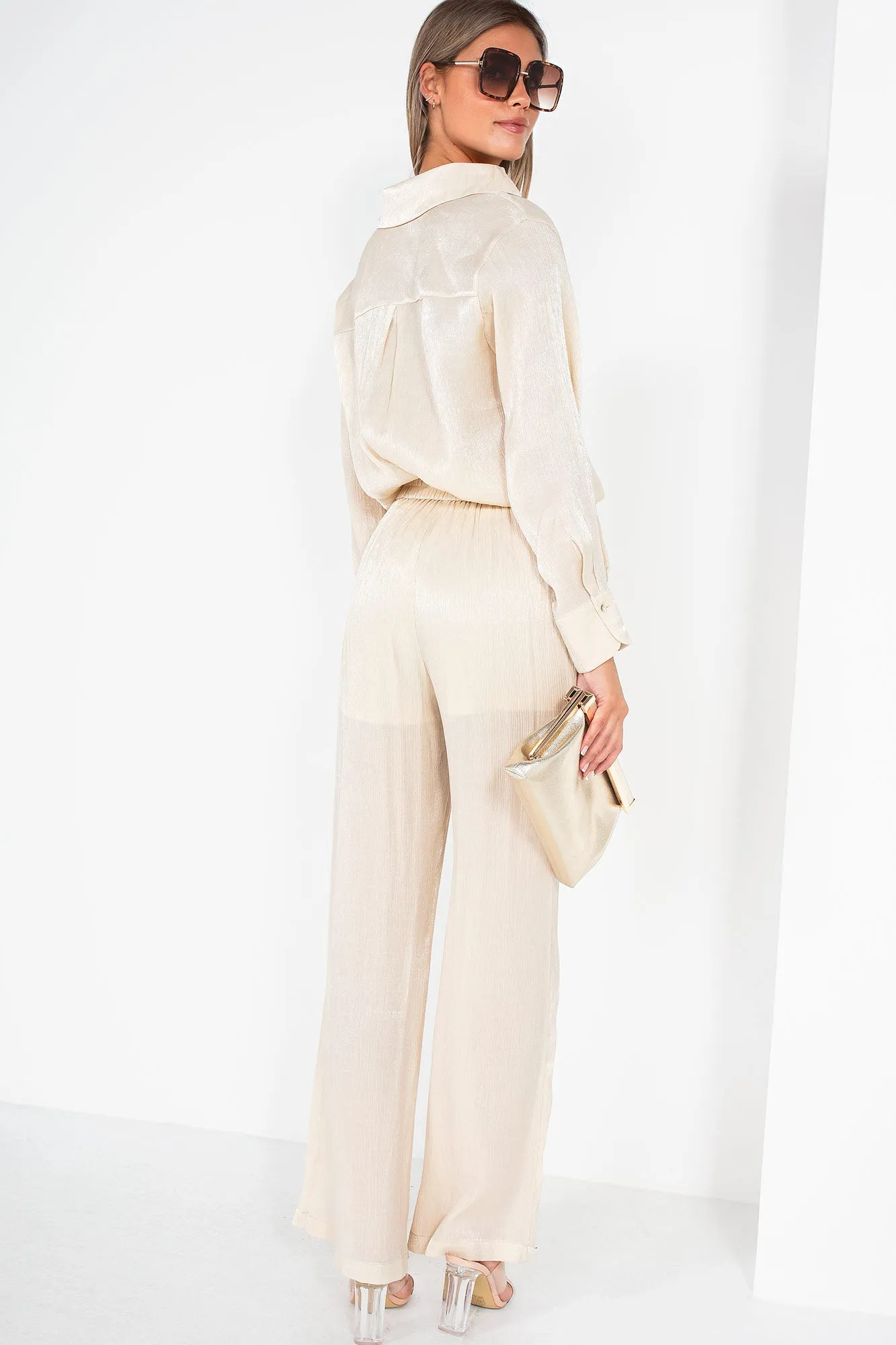 Nicole Cream Shimmer Wide Leg Trousers sold by Va Va Voom product image thumbnail 3