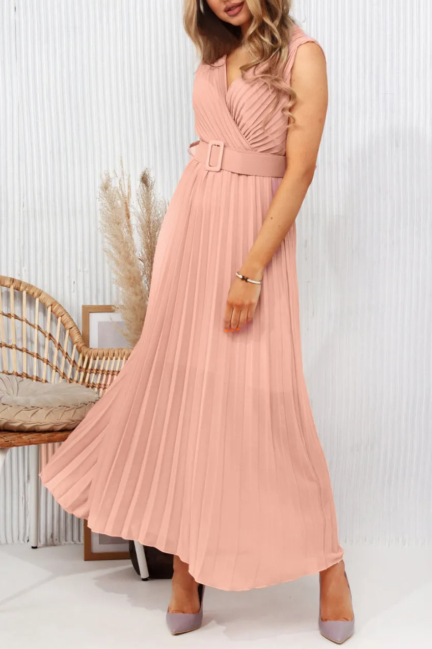 Danielle Peach Chiffon Pleated Dress sold by Va Va Voom
