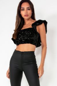 Selena Black Sequin Crop Top sold by Va Va Voom