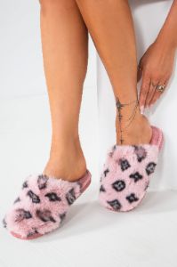 Grayce Dusty Pink Faux Fur Slippers sold by Va Va Voom