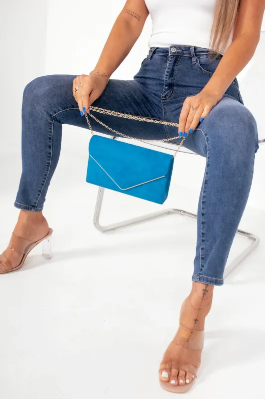 Pamela Teal Suedette Gold Trim Clutch sold by Va Va Voom