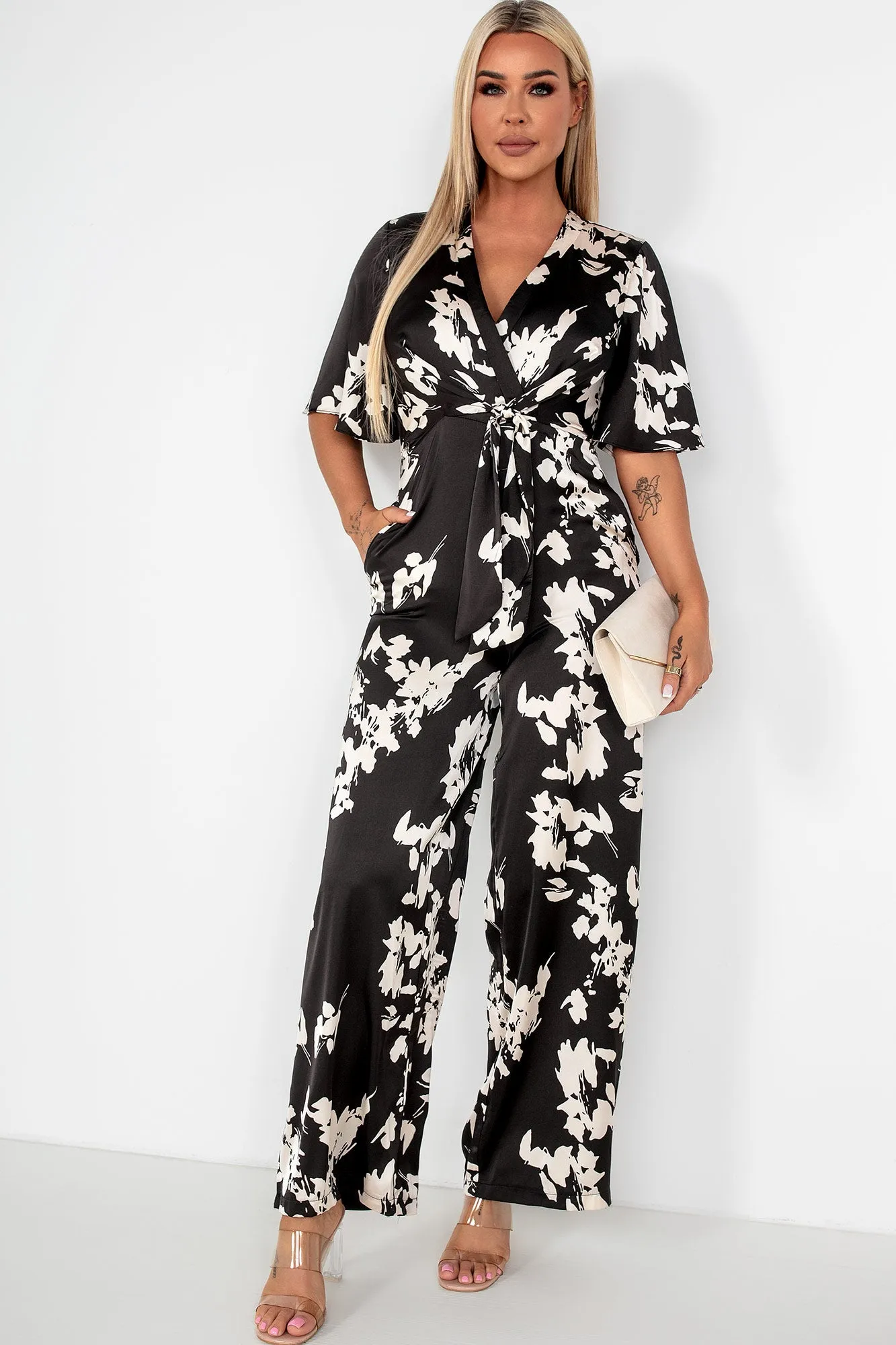 Girl In Mind Viola Monochrome Satin Floral Jumpsuit sold by Va Va Voom