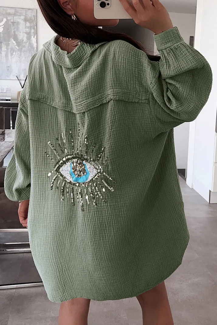 Orielle Khaki Sequin Eye Shirt sold by Va Va Voom