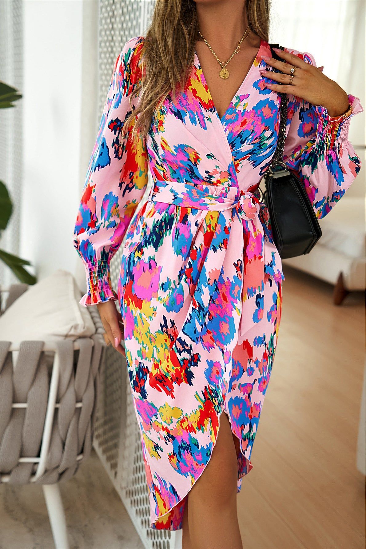 Rena Pink Print Wrap Dress sold by Va Va Voom product image thumbnail 3