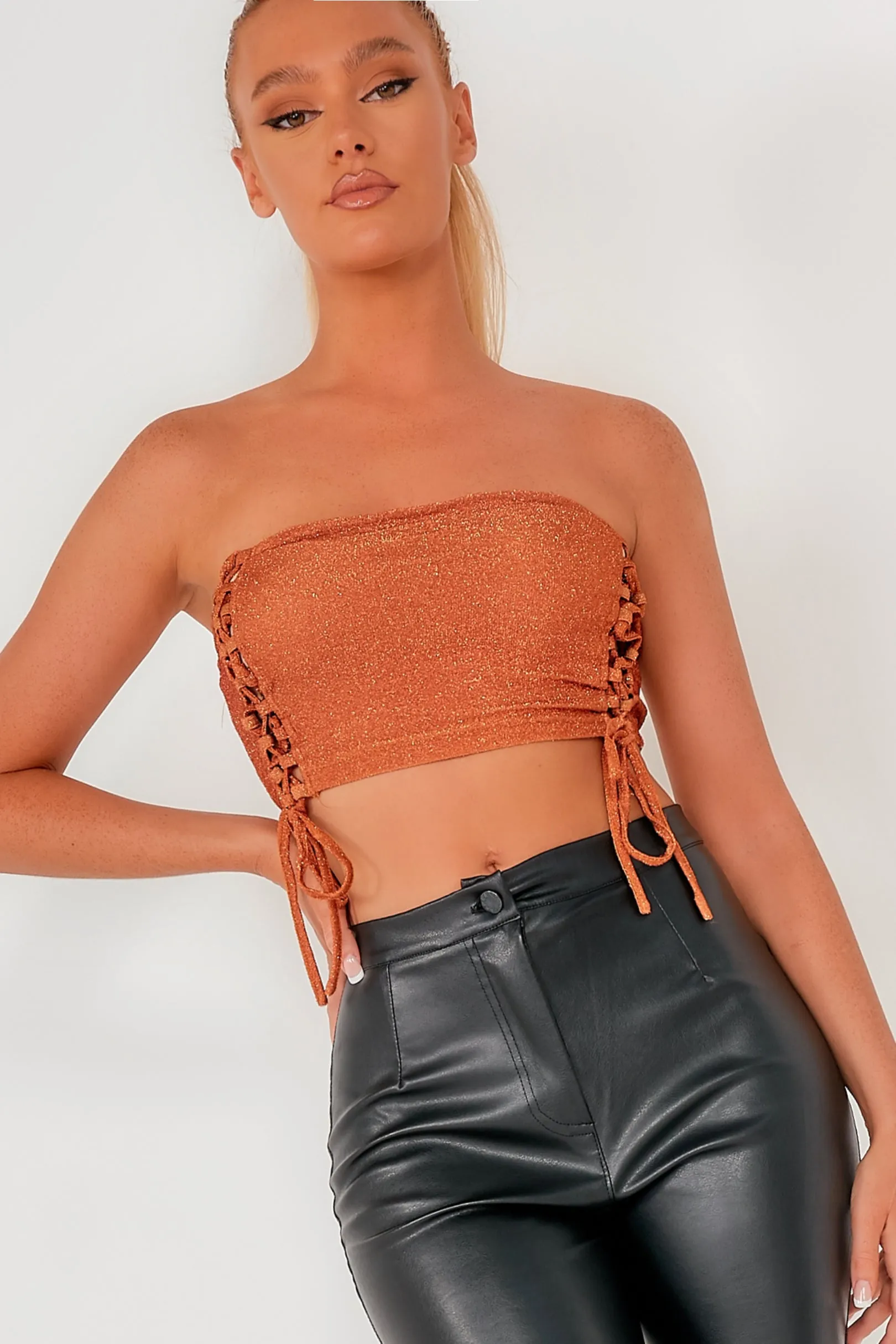Kairi Rust Shimmer Bandeau Top sold by Va Va Voom