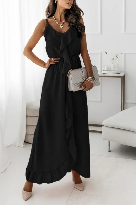 Kamari Black Chiffon Frill Belted Dress sold by Va Va Voom