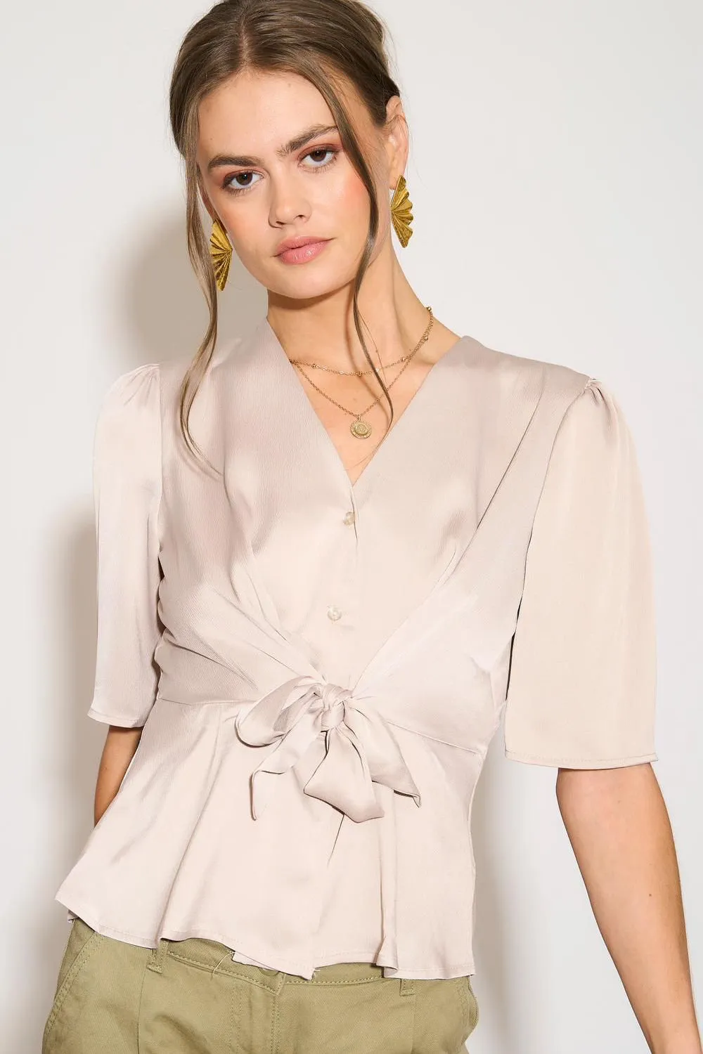 Caryn Champagne Satin Tie Front Top sold by Va Va Voom product image thumbnail 4