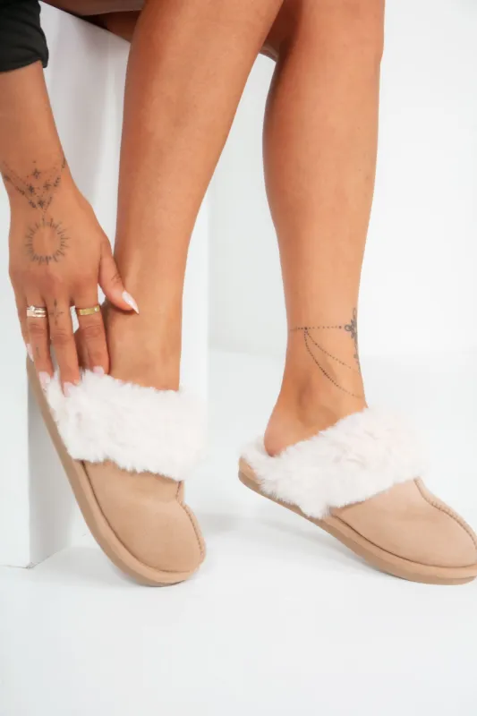 Hadlee Camel Faux Fur Slippers sold by Va Va Voom