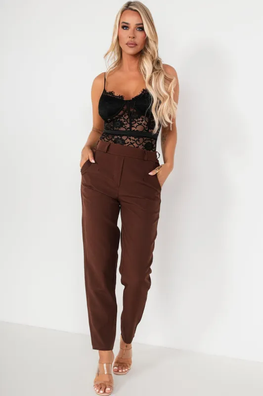Jenna Chocolate Tailored Trousers sold by Va Va Voom