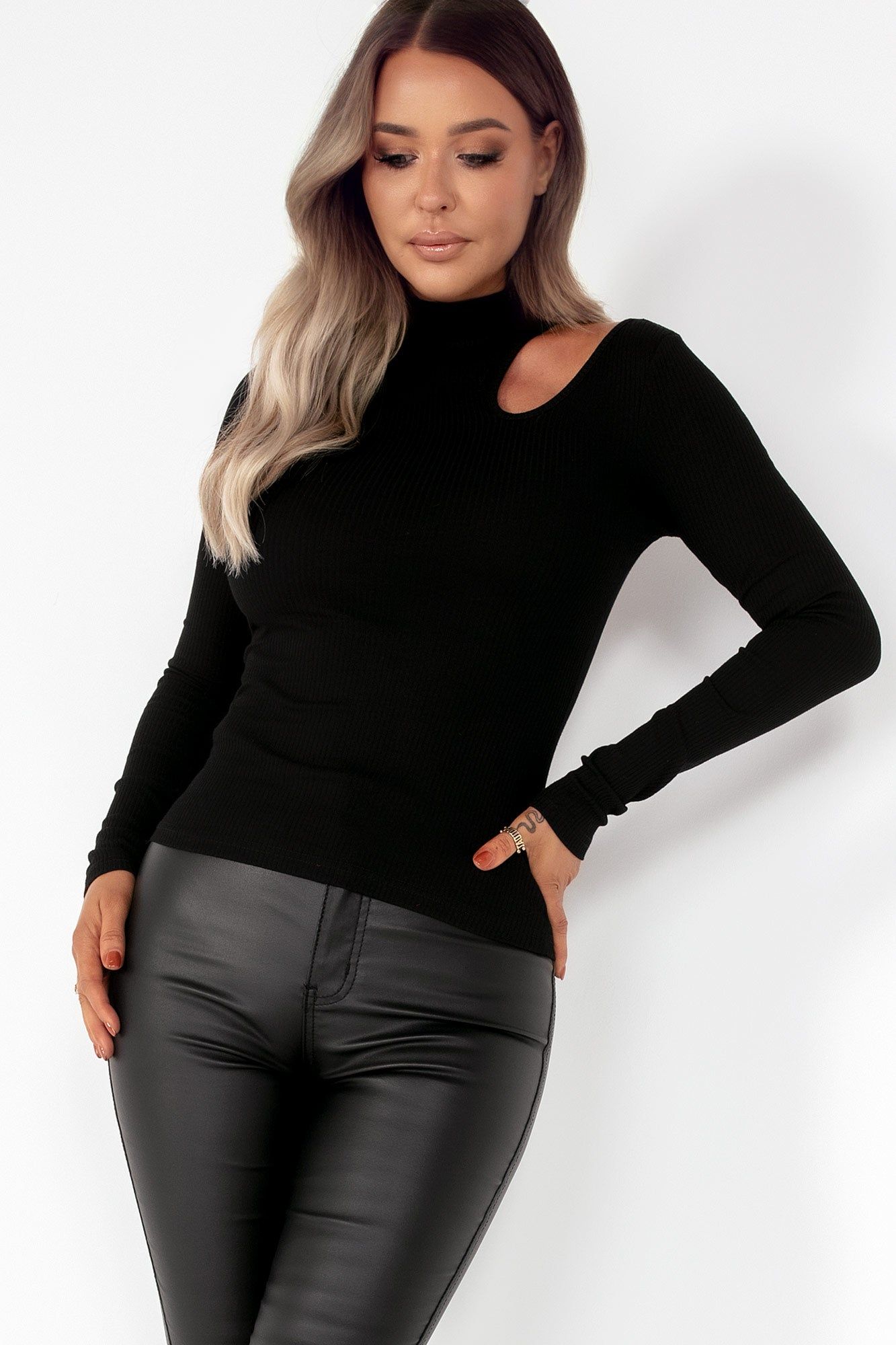 Eileen Black Ribbed Cut Out Top sold by Va Va Voom